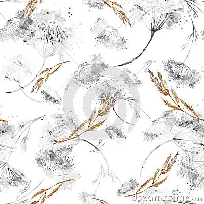 Watercolor seamless pattern, background with a floral pattern. Watercolor background, drawing with autumn with forest flowers Stock Photo