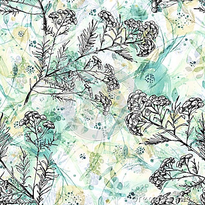 Watercolor seamless pattern, background with a floral pattern. Watercolor background, drawing with autumn with forest flowers, lea Cartoon Illustration