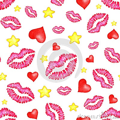 Watercolor seamless pattern background of prints of lips, hearts and stars. Vector Illustration