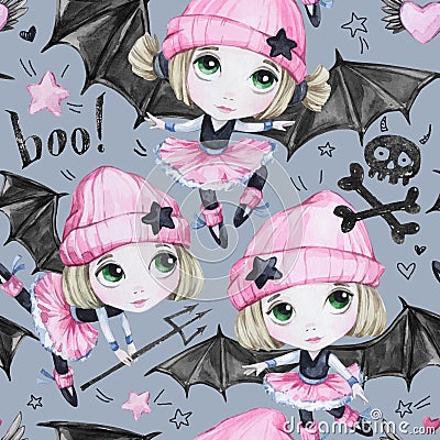 Watercolor seamless pattern. Ballet girls with bat wings and skulls. Dancing little witches. Teenager. Halloween horror Stock Photo