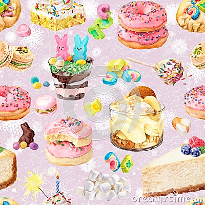 Watercolor seamless pattern with sweet candy desserts. Christmas background with snowflakes. Illustration for textures Stock Photo