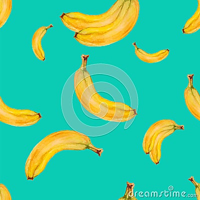 Watercolor seamless pattern with bananas on turquoise background . Vector Illustration
