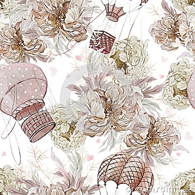 Watercolor seamless pattern with beautiful balloon flowers of roses and peonies Stock Photo