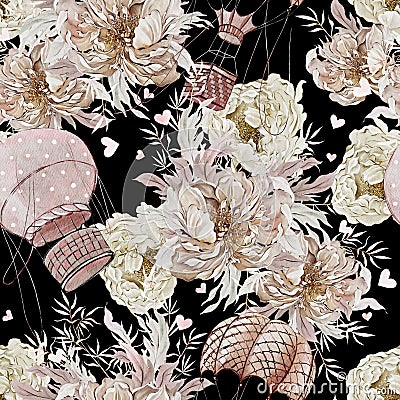 Watercolor seamless pattern with beautiful balloon flowers of roses and peonies Stock Photo