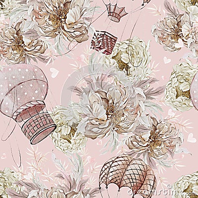 Watercolor seamless pattern with beautiful balloon flowers of roses and peonies Stock Photo