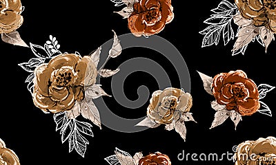 Watercolor seamless pattern with big flowers. Hand painted watercolor illustration on black background. Cartoon Illustration