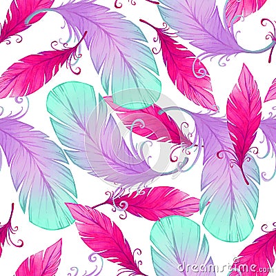 Watercolor seamless pattern with bird feathers. Vector Illustration