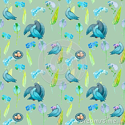 Watercolor seamless pattern of a bird, a pair of pigeons, with a nest. Bird family. Blue small flowers. Pastel gamma, green backgr Stock Photo