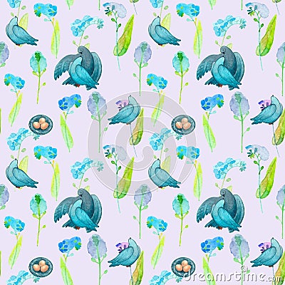 Watercolor seamless pattern of a bird, a pair of pigeons, with a nest. Bird family. Blue small flowers. Stock Photo