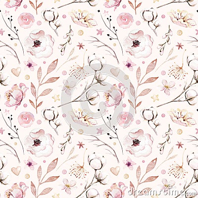 Watercolor seamless pattern birds, flower, feather, butterfly, blossom flolar style. spring illustration with colorful flowers on Cartoon Illustration