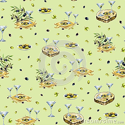 Watercolor seamless pattern with black and green olives and martini. Olives, cutting board. Botanical illustration for Cartoon Illustration