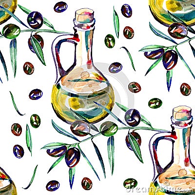 Watercolor seamless pattern with black and green olives on white. Background design for olive oil Stock Photo