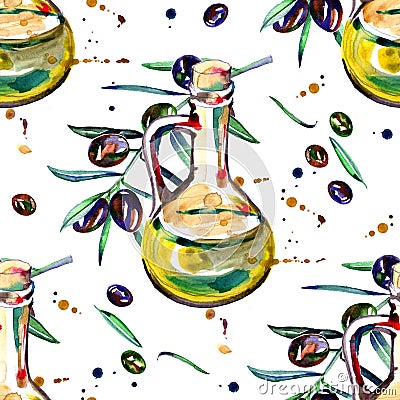 Watercolor seamless pattern with black and green olives on white. Background design for olive oil, natural cosmetics Stock Photo