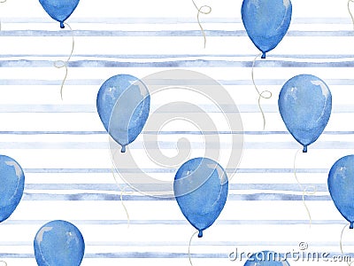 Watercolor seamless pattern with blue balloons. cute baby background, for birthday, it`s a boy. balloons, design for fabric, wallp Stock Photo