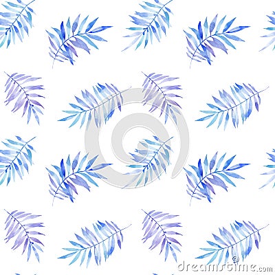 Watercolor seamless pattern of blue fern twigs on white background Cartoon Illustration