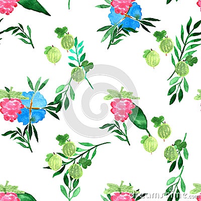 Watercolor seamless pattern with blue flowers and summer berries. Decorative background. Vibrant hand painted elements. Raspberry Stock Photo