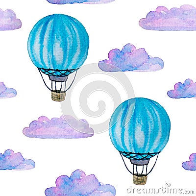 Watercolor seamless pattern with blue hot air balloons, clouds and airship isolated on white Stock Photo