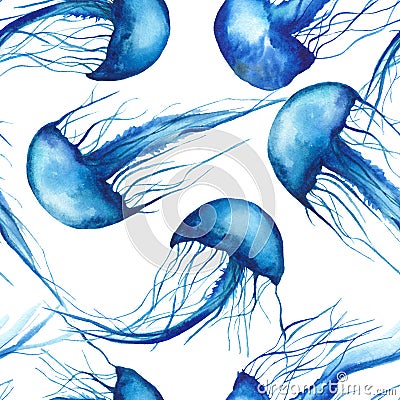 Watercolor seamless pattern with blue jellyfish. Stock Photo