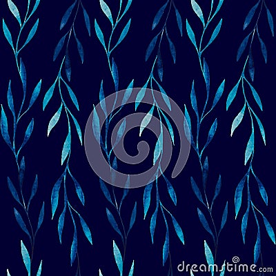 Watercolor seamless pattern of blue leaves on a dark blue background Vector Illustration