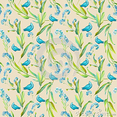 Watercolor seamless pattern of blue little flowers and blue birds, pigeons on a beige background. Stock Photo