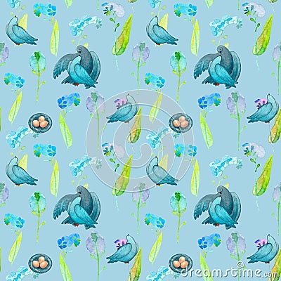 Watercolor seamless pattern of blue little flowers and blue birds, pigeons on a blu background. Stock Photo