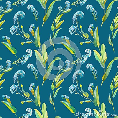 Watercolor seamless pattern of blue little forget-me-not flowers,light green leaves on a dark blue background Stock Photo