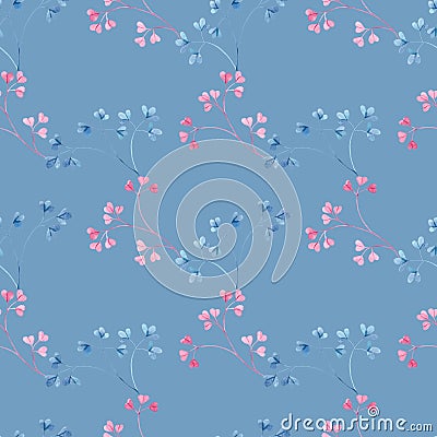 Watercolor seamless pattern with blue and pink leaf twigs, small leaves on a blue background. Cartoon Illustration