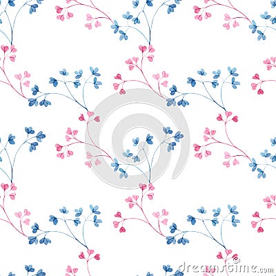 Watercolor seamless pattern with blue and pink leaf twigs, small leaves on a white background. Cartoon Illustration