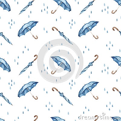 Watercolor seamless pattern with blue umbrellas, raindrops, closed umbrella, autumn texture Stock Photo