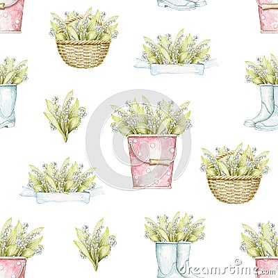 Watercolor seamless pattern with bouquet with lilies of the valley on wicker basket, bucket and rubber boot Cartoon Illustration