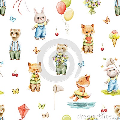 Watercolor seamless pattern with bright cute baby animals in clothes and various items Cartoon Illustration