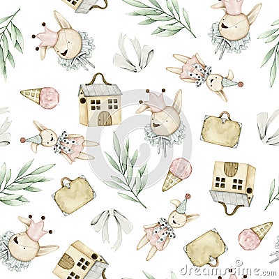 Watercolor seamless pattern with bunnies toy suitcase eucalyptus icecream Stock Photo