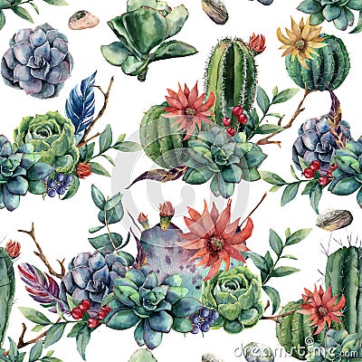 Watercolor seamless pattern with cactuses and red, yellow flowers. Hand painted cereus, succulent, berries, branch and Stock Photo