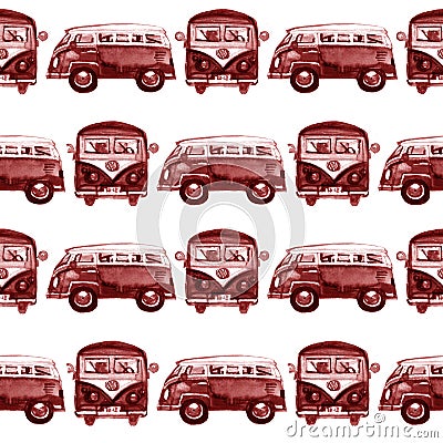 Watercolor seamless pattern with cartoon bus. Funny cartoon image. Travel conception. Hand painted retro car pattern Editorial Stock Photo