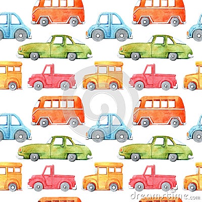 Watercolor seamless pattern with cartoon car. Funny cartoon image. Travel conception. Hand painted retro car pattern. Stock Photo