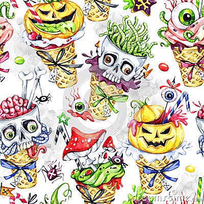 Watercolor seamless pattern, cartoon cones with skulls, pumpkins, eyes and amanitas. Halloween holiday illustration Cartoon Illustration