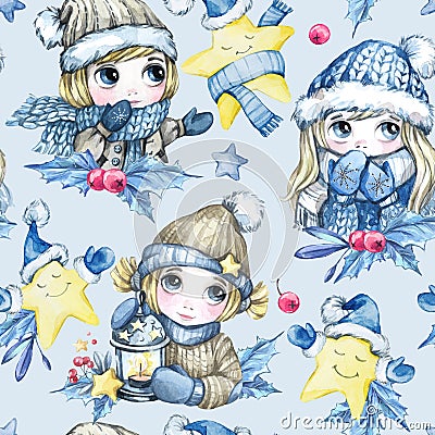 Watercolor seamless pattern with cartoon cute children and magic stars. New Year. Celebration illustration. Merry Cartoon Illustration