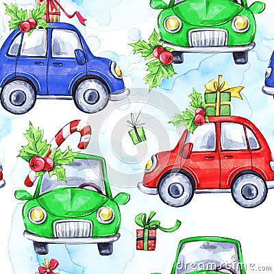 Watercolor seamless pattern with cartoon holidays cars and gifts. New Year. Celebration illustration. Merry Christmas. Cartoon Illustration