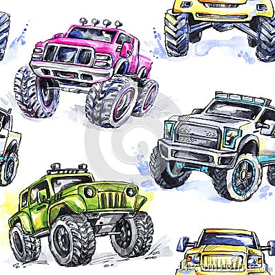 Watercolor seamless pattern Cartoon Monster Trucks. Colorful Extreme Sports background. 4x4. Vehicle SUV Off Road Stock Photo