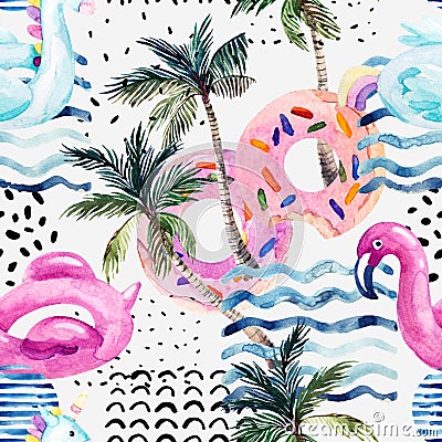 Water color flamingo pool float, donut lilo floating on 80s 90s background. Cartoon Illustration