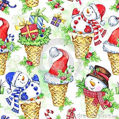 Watercolor seamless pattern with cartoon snowman, Santa hat and gifts. New Year. Celebration illustration. Merry Cartoon Illustration