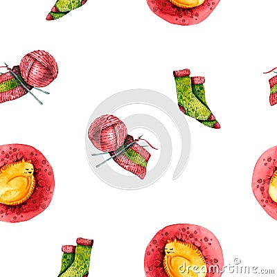 Watercolor seamless pattern of cat on pillow, knitted socks, yarn and knitting. Illustration isolated on white. Hand drawn Stock Photo