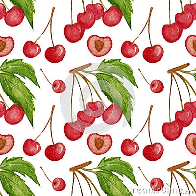 Watercolor seamless pattern, cherries, green leaves on white background. Pattern for paper, fabric, food products etc. Stock Photo