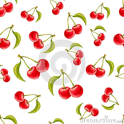 Watercolor seamless pattern with cherries. Hand drawn design. Vector Illustration