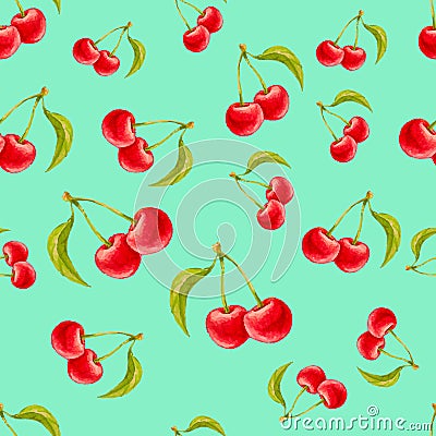 Watercolor seamless pattern with cherries on turquoise background Vector Illustration