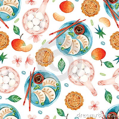 Chinese dumplings, rice balls, cookies and tangerines watercolor seamless pattern Vector Illustration