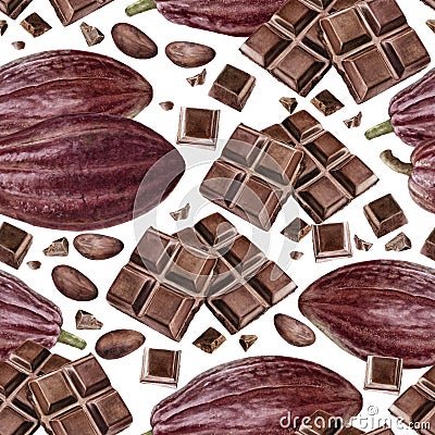 Watercolor seamless pattern chocolate bar cococa fruit and beans isolated on a white background. Stock Photo