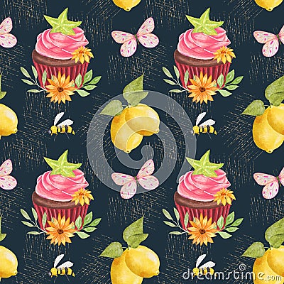 Watercolor seamless pattern with chocolate cupcake with strawberry cream. Pattern with cake, lemons, bees and butterfly Stock Photo