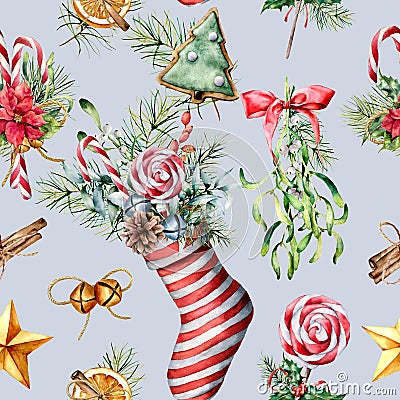 Watercolor seamless pattern with Christmas sock and decor. Hand painted mistletoe, holly, poinsettia, cookies, cand Stock Photo