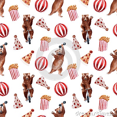 Watercolor seamless pattern with circus bears and festive attributes, balloons, banners, magic wands and popcorn Stock Photo